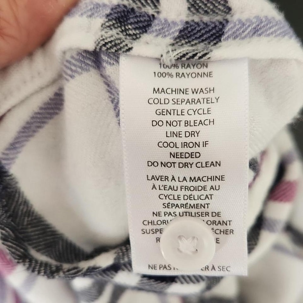 Beach lunch lounge Women's Purple & Black Wht plaid rayon "Flannel" blouse. M - Picture 8 of 9